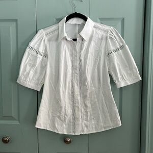 NY&C Womens White Puff Sleeve Button Up Collared Blouse Top Medium Career